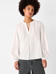 Whistles White Broderie V-Neck Blouse - Image 1 of 4