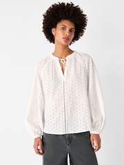Whistles White Broderie V-Neck Blouse - Image 2 of 4