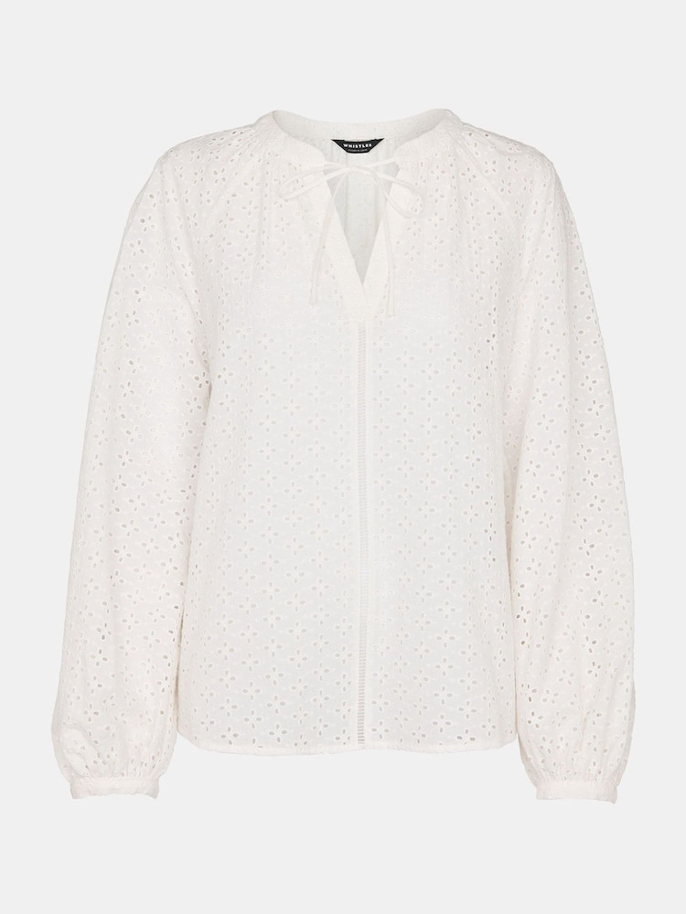 Whistles White Broderie V-Neck Blouse - Image 5 of 5