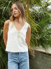 Threadbare White V-Neck Tie Front Linen Blend Vest Top - Image 3 of 4