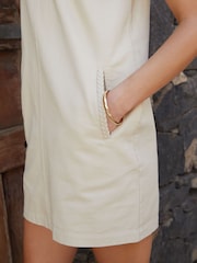 Threadbare Cream 100% Cotton Short Sleeve Braid Detail Denim Mini Summer Dress - Image 2 of 4