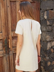 Threadbare Cream 100% Cotton Short Sleeve Braid Detail Denim Mini Summer Dress - Image 4 of 4