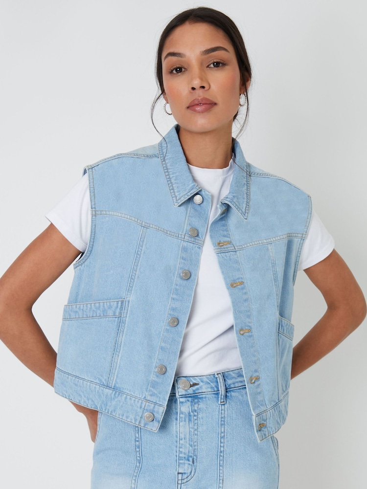 Threadbare Blue 100% Cotton Sleeveless Boxy Denim Jacket Vest - Image 1 of 4