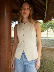 Threadbare Cream Crew Neck Longline Denim Waistcoat - Image 1 of 5