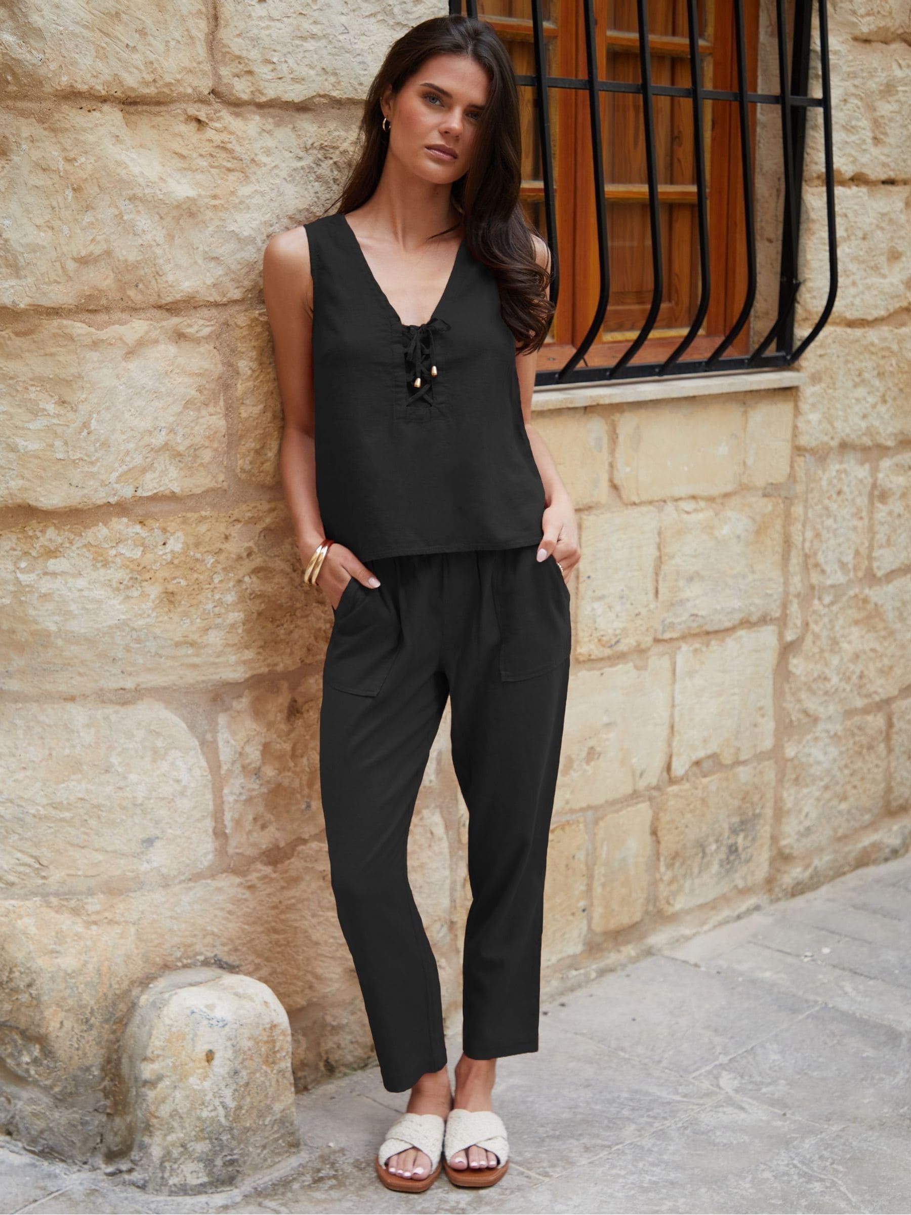Buy Threadbare Black V-Neck Tie Front Linen Blend Vest Top from