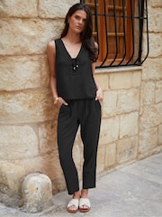 Threadbare Black V-Neck Tie Front Linen Blend Vest Top - Image 3 of 4