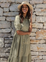 Threadbare Green 100% Cotton Short Sleeve Collared Broderie Maxi Shirt Dress - Image 1 of 4