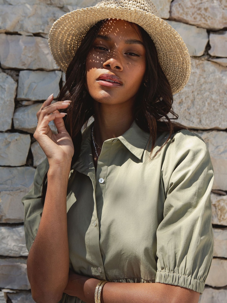 Threadbare Green 100% Cotton Short Sleeve Collared Broderie Maxi Shirt Dress - Image 2 of 4