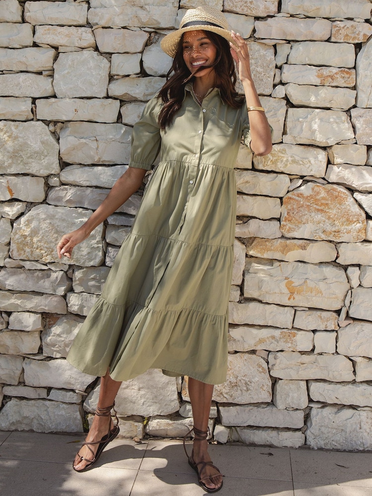 Threadbare Green 100% Cotton Short Sleeve Collared Broderie Maxi Shirt Dress - Image 3 of 4
