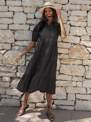 Threadbare Black 100% Cotton Button Down Collared Tiered Maxi Shirt Dress - Image 1 of 3