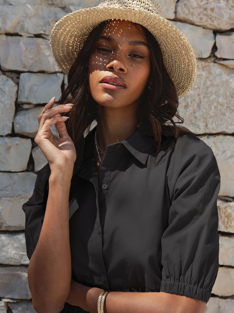 Threadbare Black 100% Cotton Button Down Collared Tiered Maxi Shirt Dress - Image 2 of 3