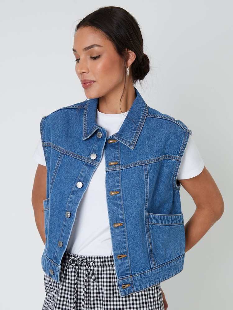 Threadbare Light Blue 100% Cotton Sleeveless Boxy Denim Jacket Vest - Image 1 of 4