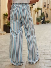 Threadbare Blue Striped Braided Pocket Detail Linen Blend Wide Leg Trousers - Image 2 of 4