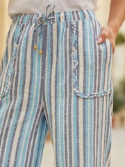 Threadbare Blue Striped Braided Pocket Detail Linen Blend Wide Leg Trousers - Image 4 of 4