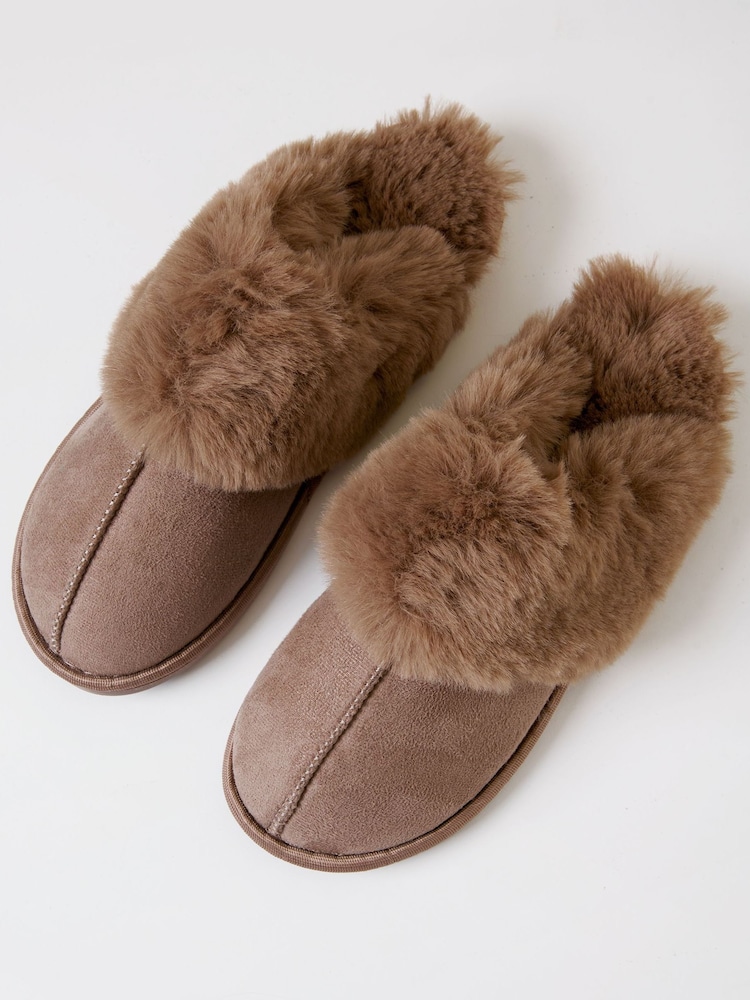 Threadbare Brown Faux Fur Lined Mule Slippers - Image 2 of 4