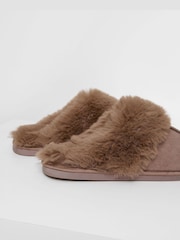 Threadbare Brown Faux Fur Lined Mule Slippers - Image 4 of 4