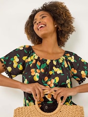 Roman Fruit Printed Pom Pom Trim Bardot Blouse - Imagem 1 de 5
