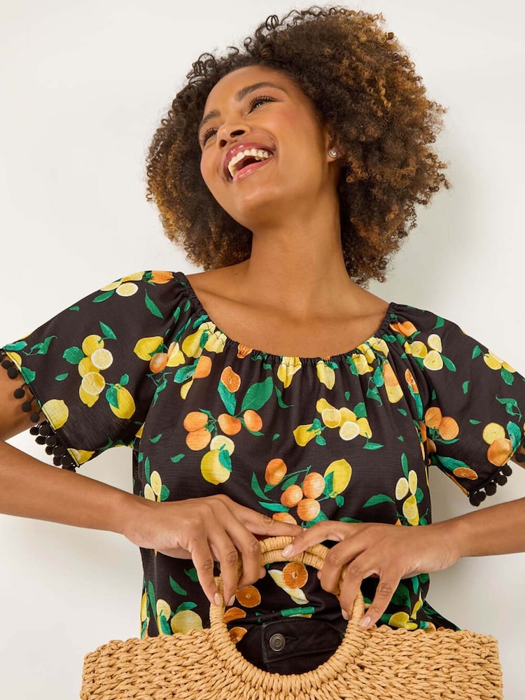 Roman Fruit Printed Pom Pom Trim Bardot Blouse - Imagem 1 de 5