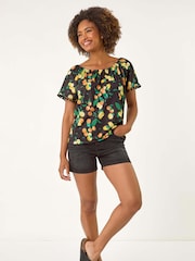 Roman Fruit Printed Pom Pom Trim Bardot Blouse - Imagem 2 de 5