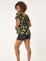 Roman Fruit Printed Pom Pom Trim Bardot Blouse - Imagem 3 de 5