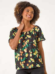 Roman Fruit Printed Pom Pom Trim Bardot Blouse - Imagem 4 de 5