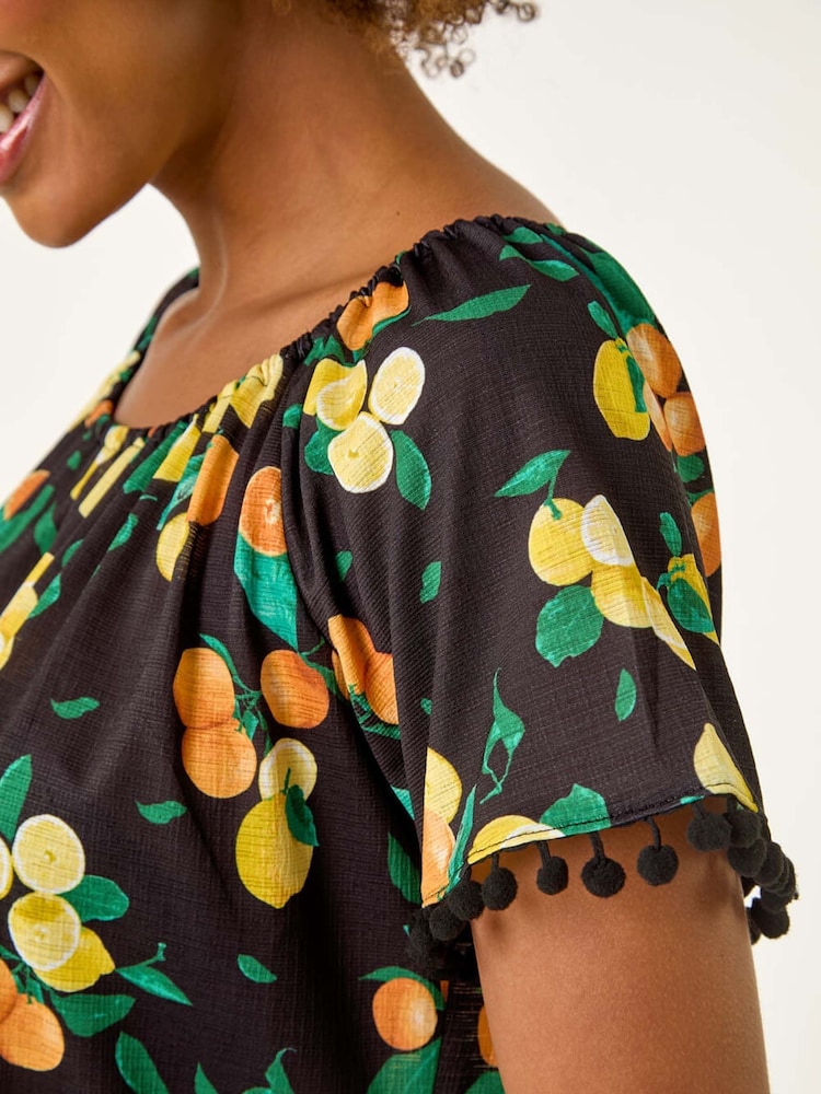 Roman Fruit Printed Pom Pom Trim Bardot Blouse - Imagem 5 de 5