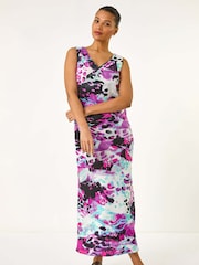 Roman Purple Abstract Linen Mix Midi Dress - Image 2 of 5