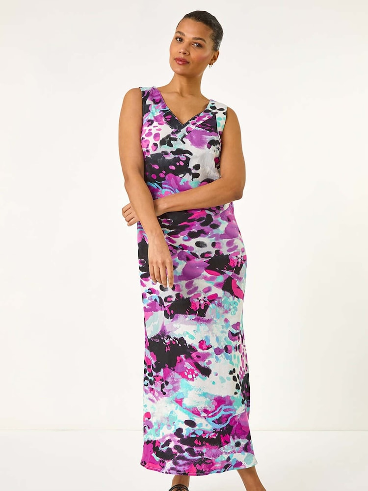 Roman Purple Abstract Linen Mix Midi Dress - Image 2 of 5