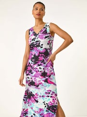 Roman Purple Abstract Linen Mix Midi Dress - Image 4 of 5