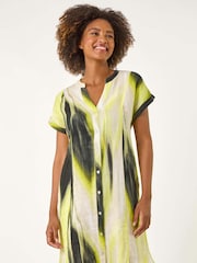 Roman Yellow Abstract Printed 100% Linen Shift Dress - Image 2 of 5