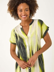 Roman Yellow Abstract Printed 100% Linen Shift Dress - Image 4 of 5