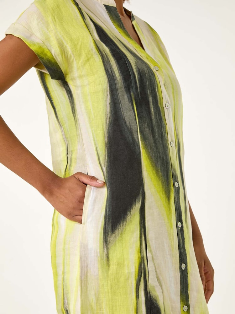 Roman Yellow Abstract Printed 100% Linen Shift Dress - Image 5 of 5