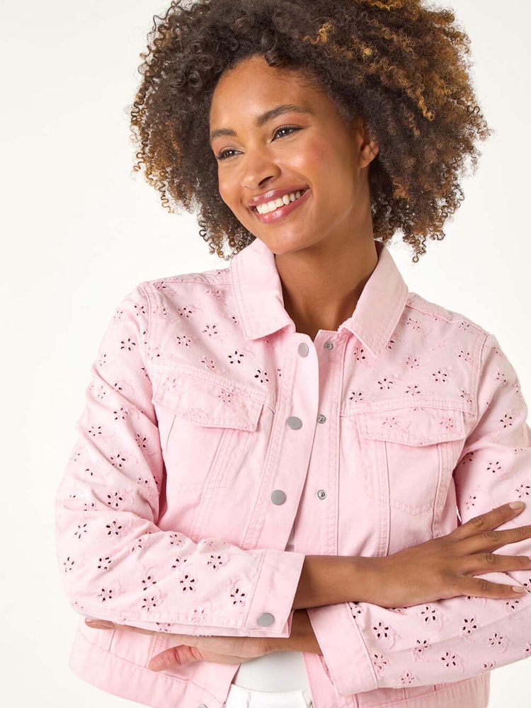 Roman Pink Cotton Blend Broderie Sleeve Jacket - Image 1 of 5