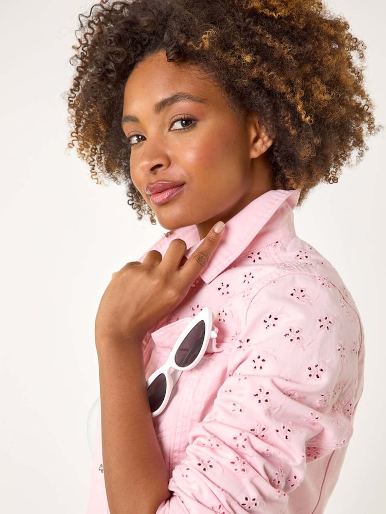 Roman Pink Cotton Blend Broderie Sleeve Jacket - Image 2 of 5
