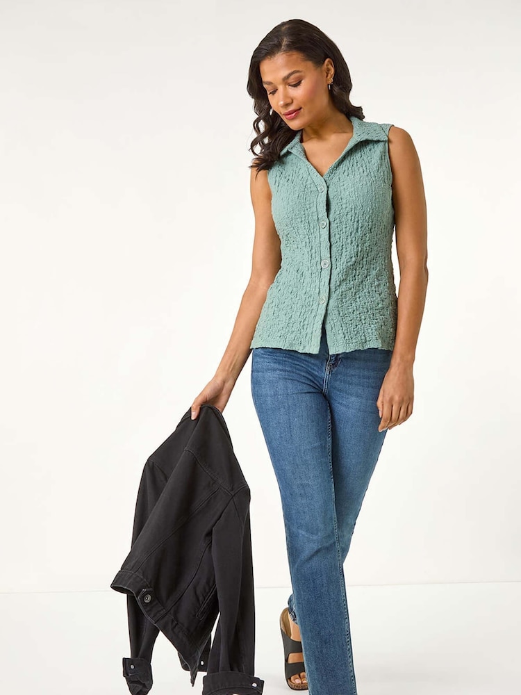 Azul - Roman Textured Sleeveless Buttoned Blouse - Imagen 1 de 5