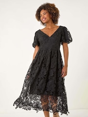 Roman Black Crochet Lace V-Neck Midi Dress - Image 1 of 5