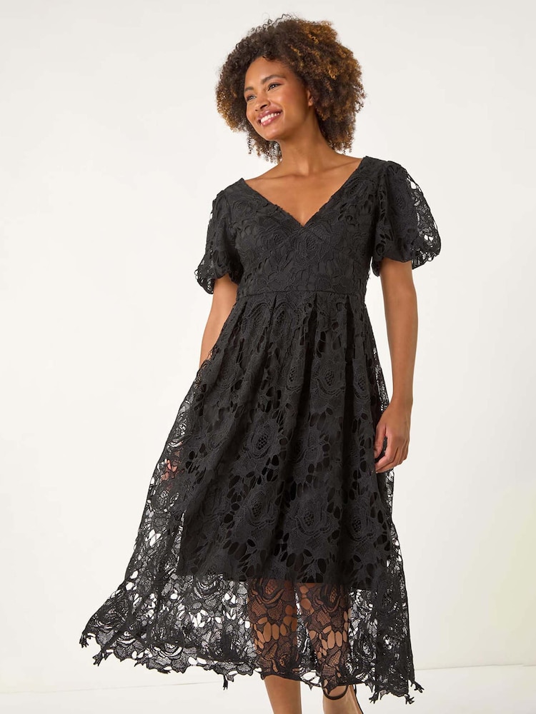 Roman Black Crochet Lace V-Neck Midi Dress - Image 1 of 5
