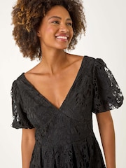 Roman Black Crochet Lace V-Neck Midi Dress - Image 2 of 5