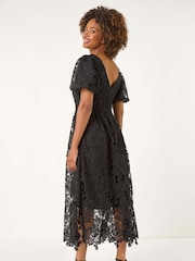 Roman Black Crochet Lace V-Neck Midi Dress - Image 3 of 5