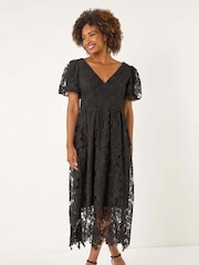 Roman Black Crochet Lace V-Neck Midi Dress - Image 4 of 5