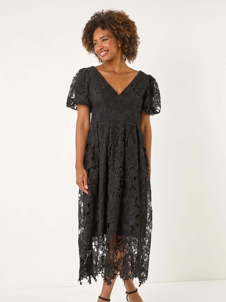 Roman Black Crochet Lace V-Neck Midi Dress - Image 4 of 5