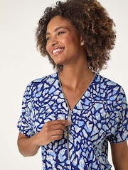 Roman Blue Abstract Print Zip Front Stretch Blouse - Image 1 of 5