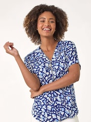 Roman Blue Abstract Print Zip Front Stretch Blouse - Image 2 of 5
