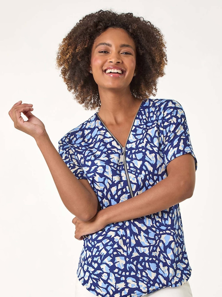 Roman Blue Abstract Print Zip Front Stretch Blouse - Image 2 of 5