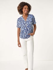 Roman Blue Abstract Print Zip Front Stretch Blouse - Image 3 of 5