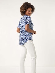 Roman Blue Abstract Print Zip Front Stretch Blouse - Image 4 of 5