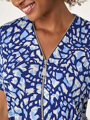 Roman Blue Abstract Print Zip Front Stretch Blouse - Image 5 of 5