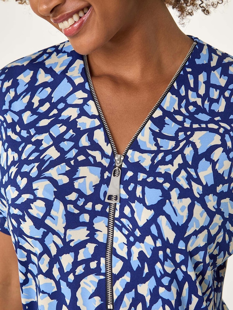 Roman Blue Abstract Print Zip Front Stretch Blouse - Image 5 of 5