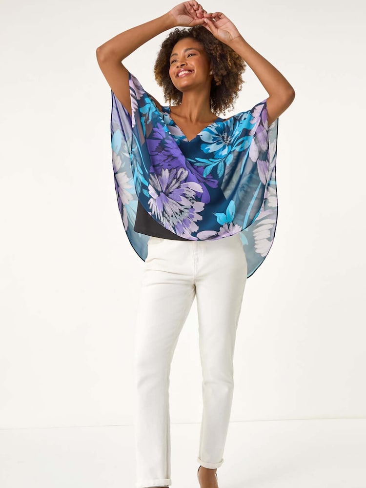 Roman Blue Floral Print Cold Shoulder Overlay Blouse - Image 1 of 5