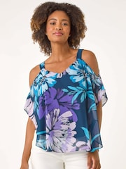 Roman Blue Floral Print Cold Shoulder Overlay Blouse - Image 2 of 5